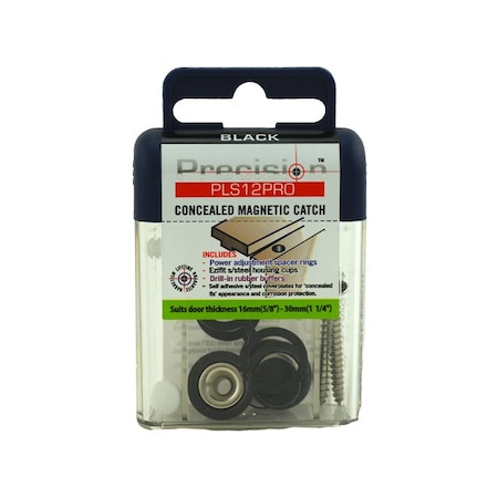 Precision Lock Concealed Magnetic Catch with Adjustable Strength for 16 mm to 30 mm Door Black Finish PLS12PRO-BLK